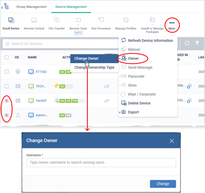 Change A Devices Owner, Security Manager, Endpoint Manager COMODO